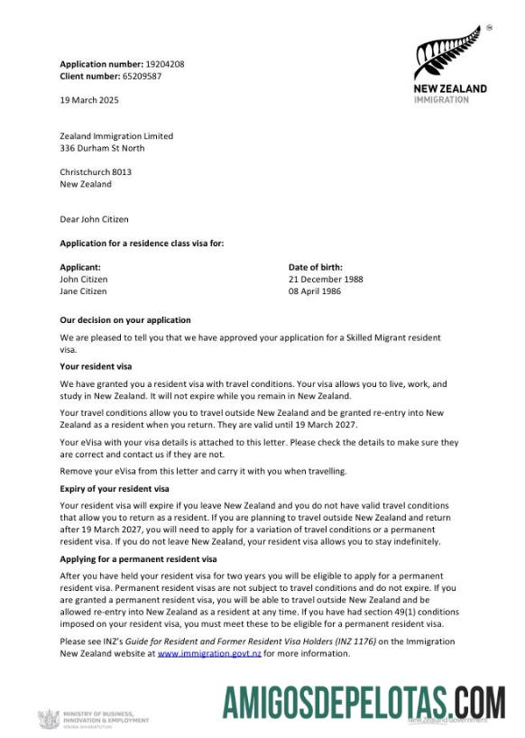 para download Modelo de carta de aprovação de visto para a Nova Zelândia em formatos Word e PDF